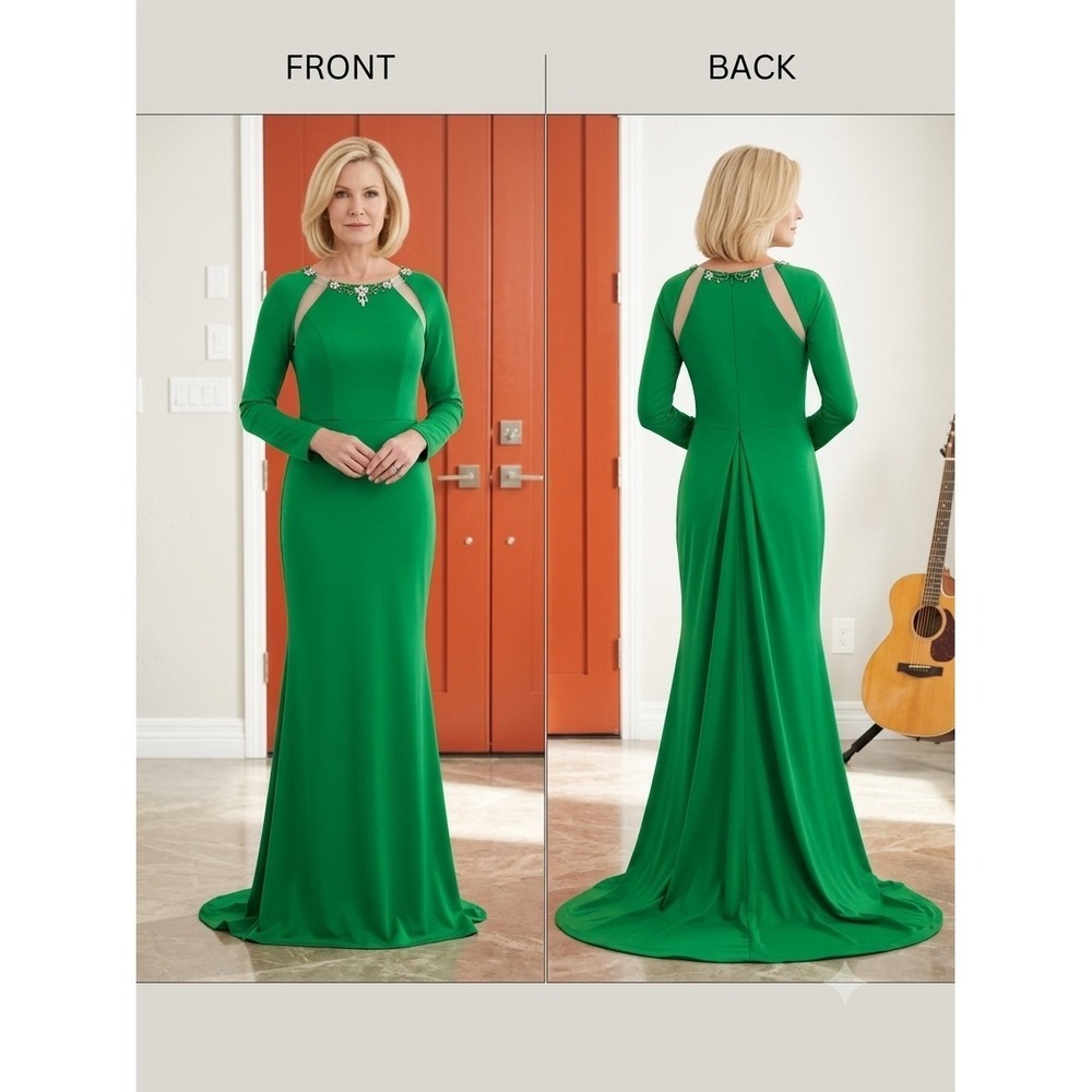 Bridess Green Embellished Long Sleeve Evening Gown Mesh Neckline Formal Dress 10